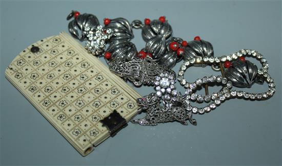 Collection of costume jewellery, counters, dance card etc